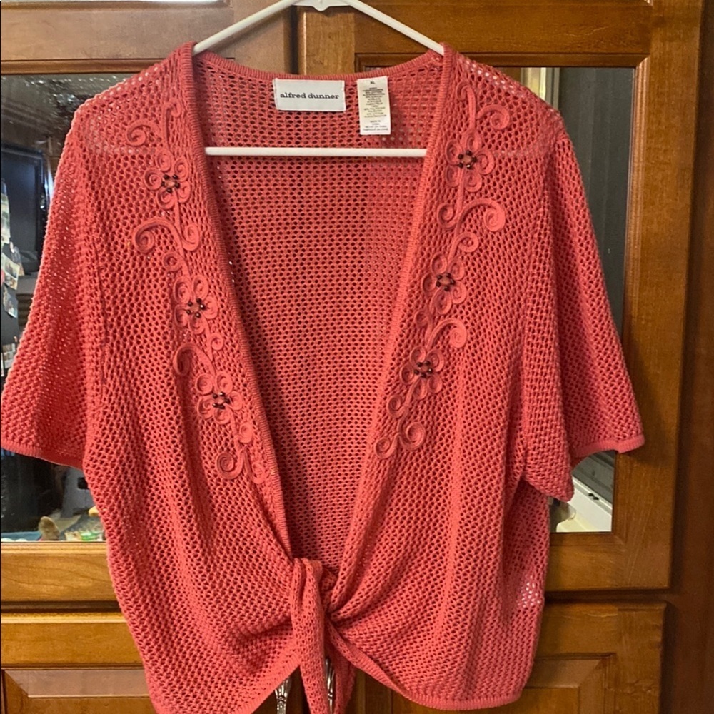 Salmon Open Knit Cardigan with Floral Lace Chic Fall Lagenlook Delicate